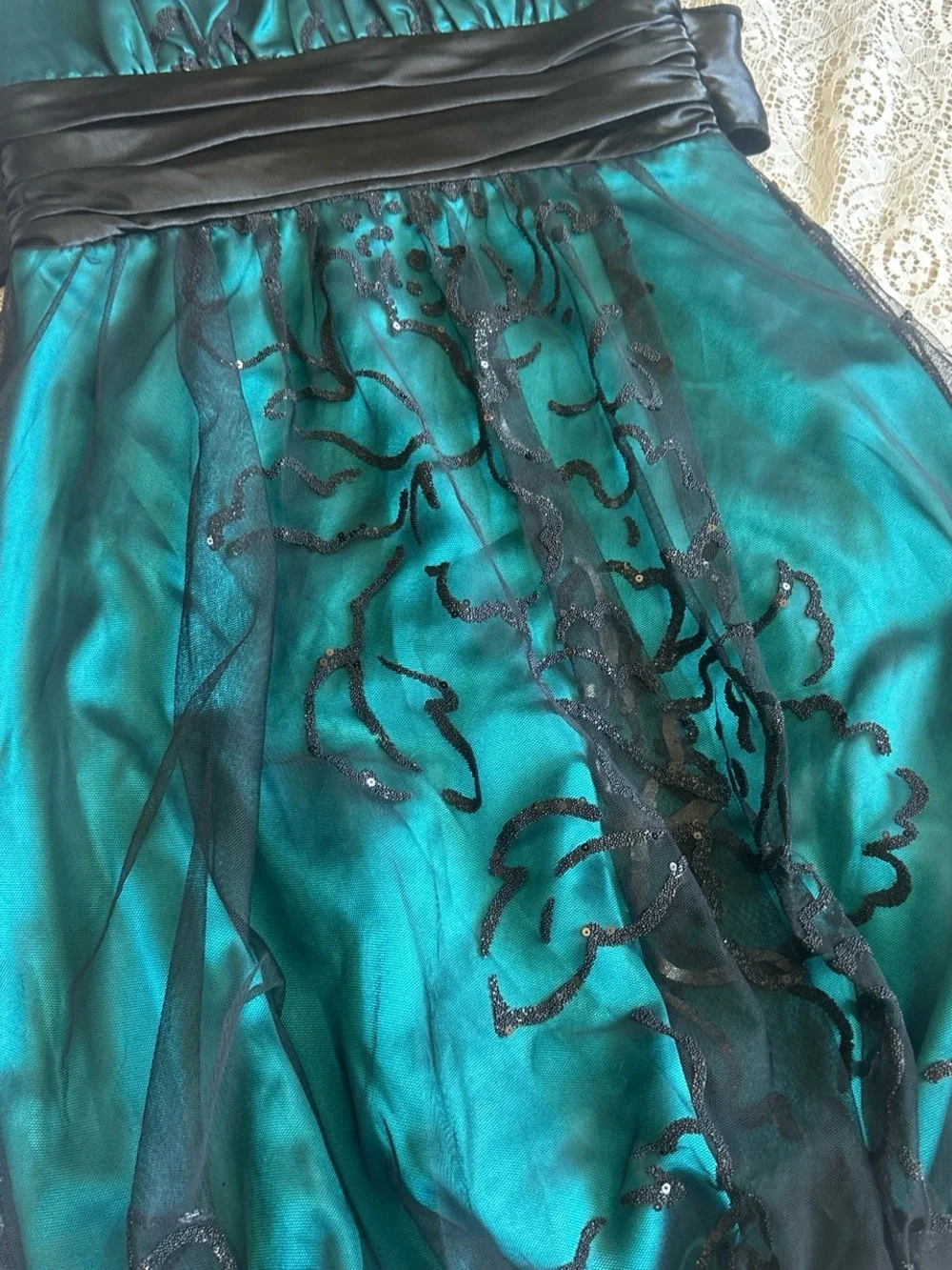 Trixxi Teal and Black Halter Prom Dress